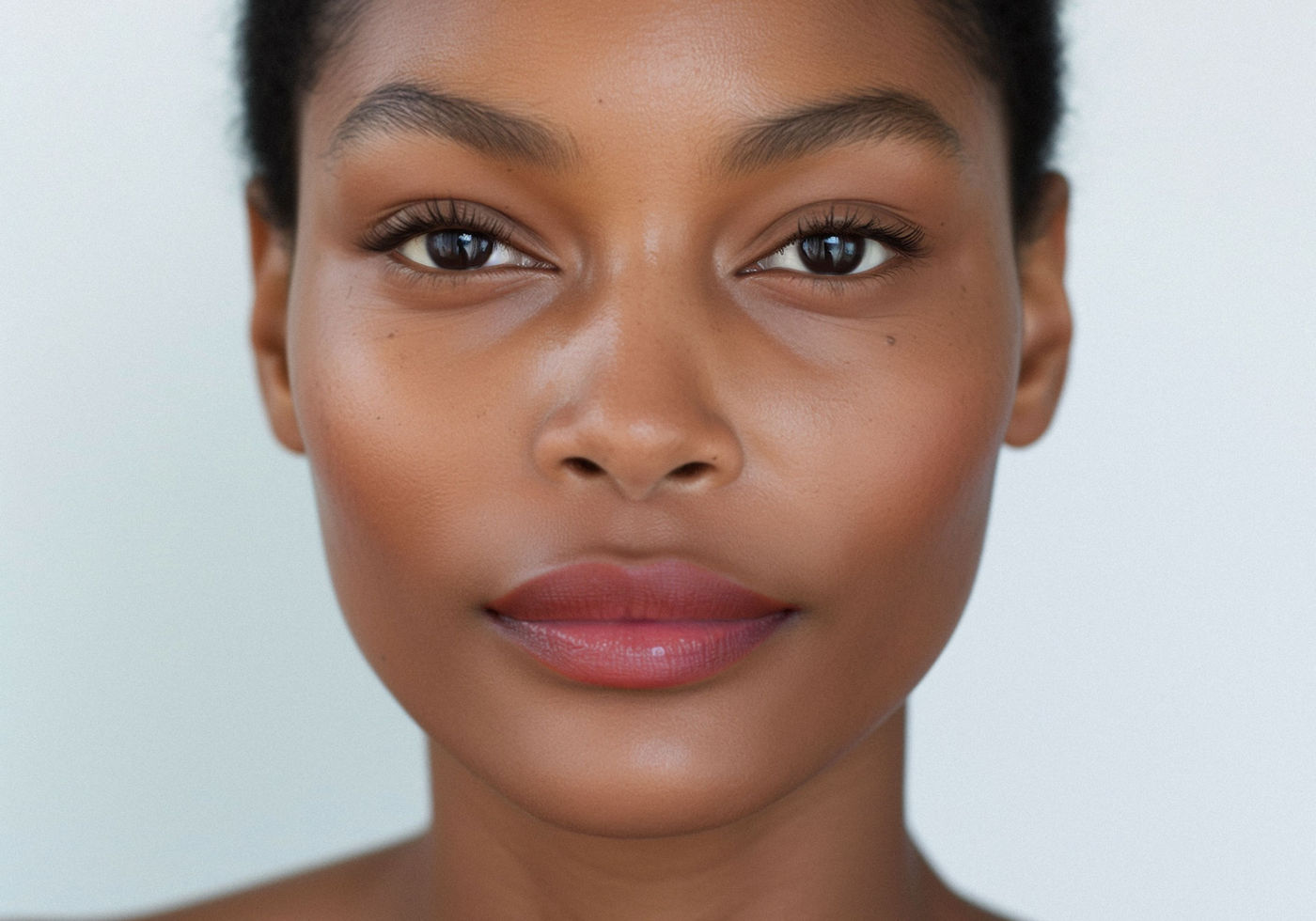 Close-up portrait of a woman against a soft blue background